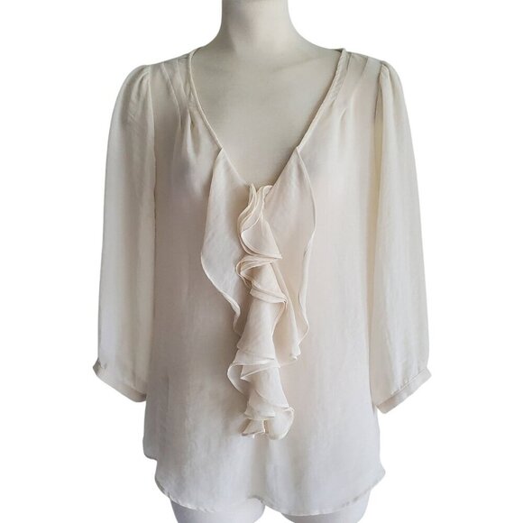 Zara Silk Organza Blouse Ruffle Front Sheer 3/4 Sleeve Cream Fairy Size L - Picture 3 of 16